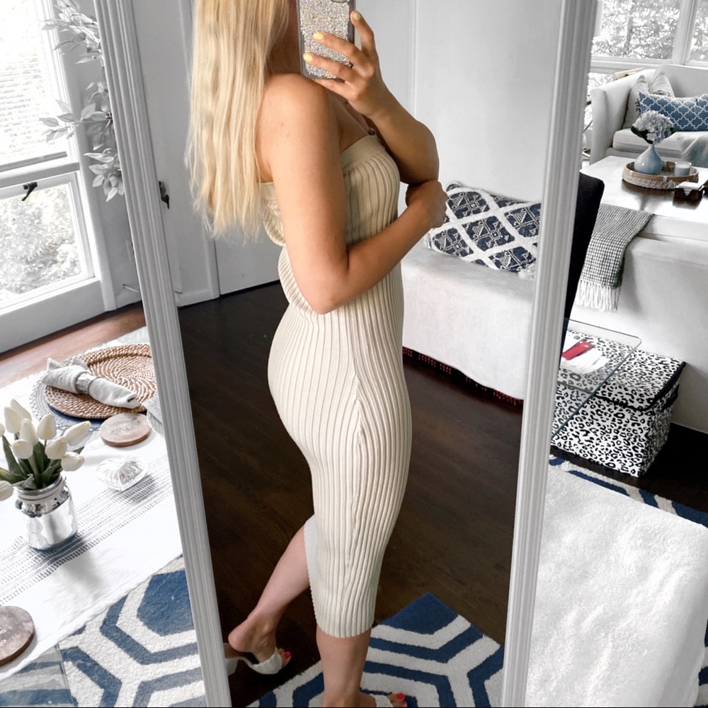 🍃 REHAB SAGE RIBBED CHUNKY ZIPPER OPEN SHOULDER BODYCON MIDI DRESS! - Picture 3 of 10